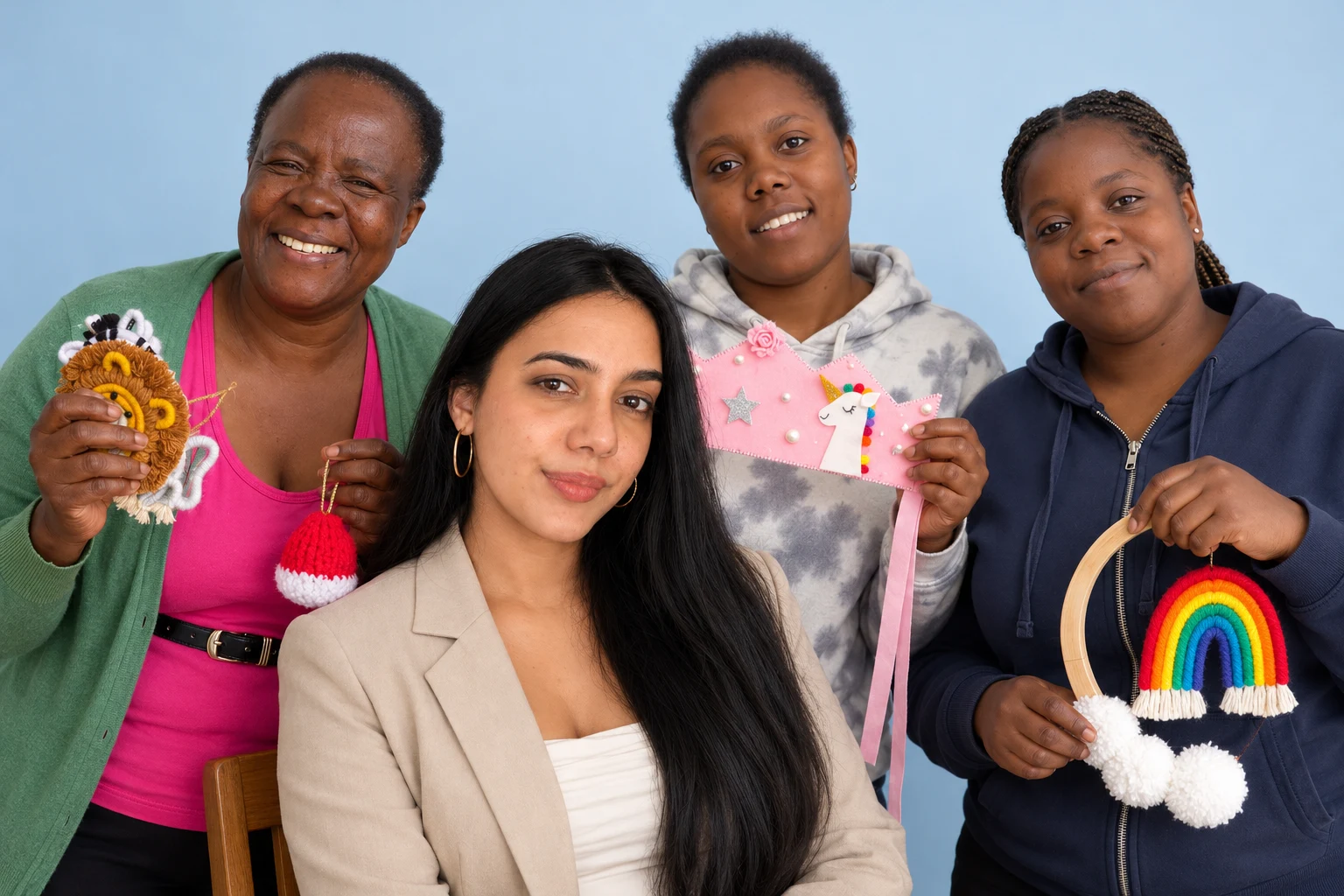 Composite team portrait of Woven Kenya founder Saumya Purang and three women artisans holding handmade decorations
