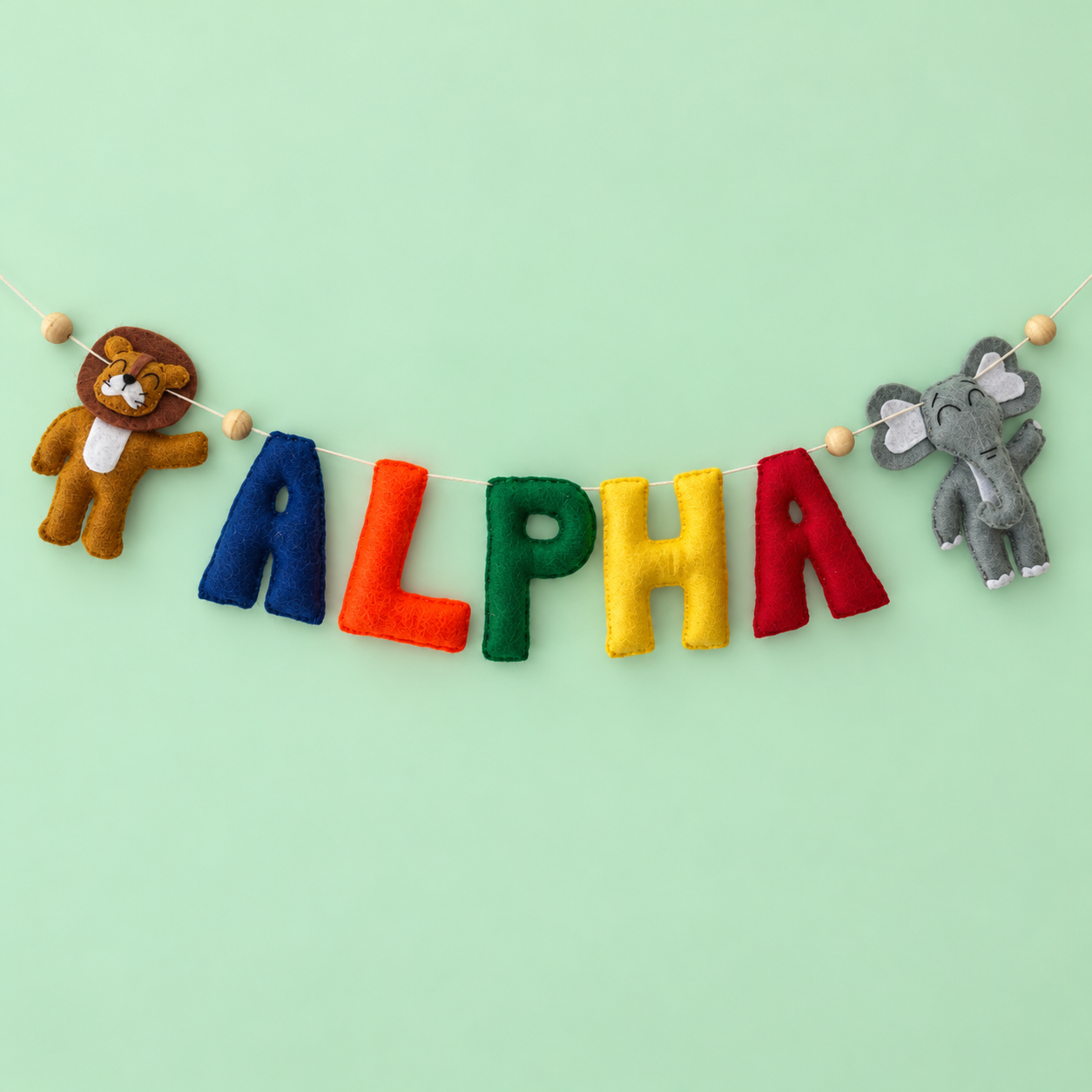 Bright Lion & Elephant Name Hanging — Alpha