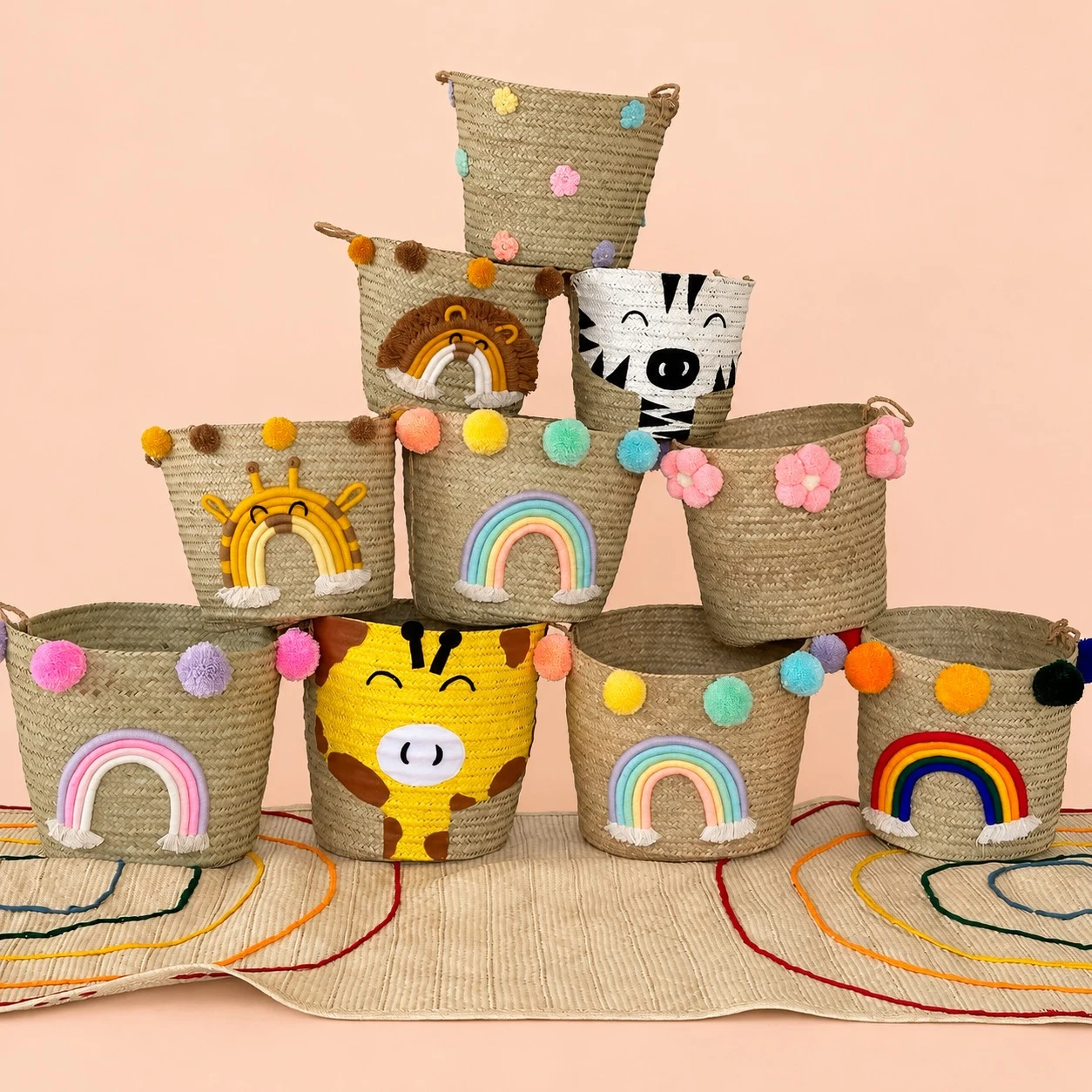 Woven Kenya handcrafted rainbow and animal baskets