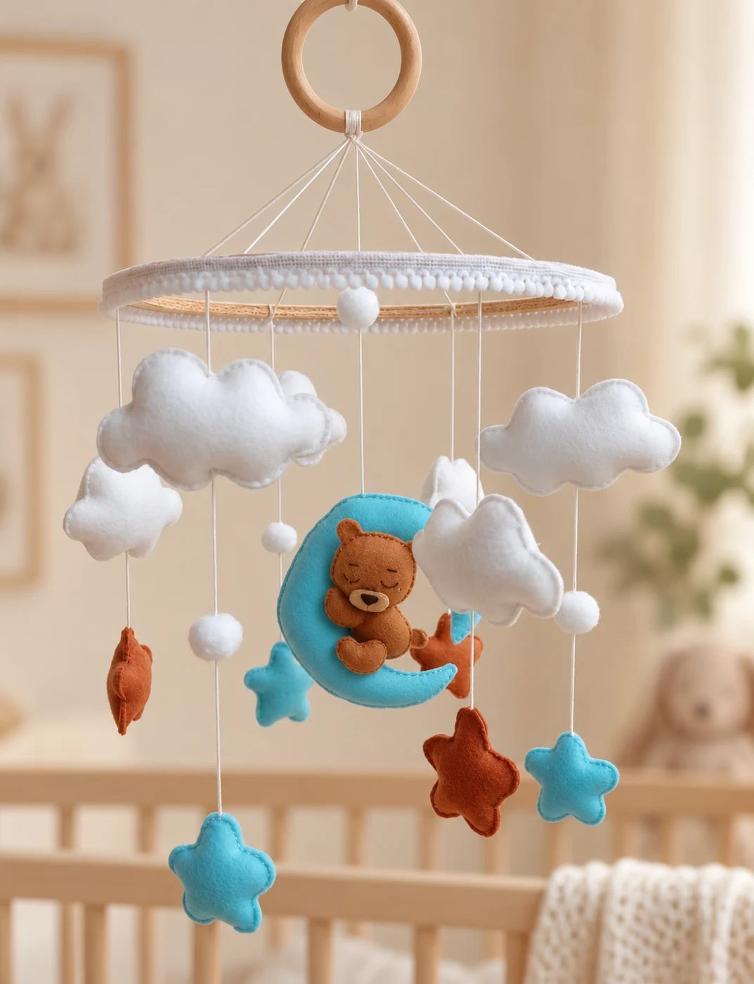 Sleepy Bear, Moon & Clouds Baby Mobile